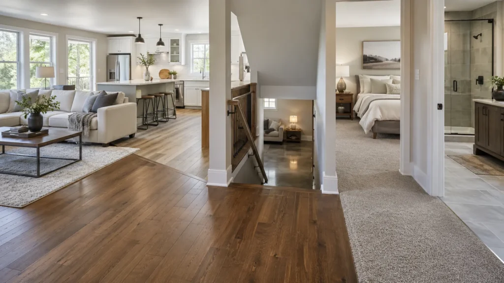 Bright modern American home interior with a natural view into connected rooms, such as a living room, kitchen, hallway, and bedroom area