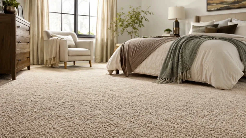 Carpet flooring in a cozy modern bedroom or family room