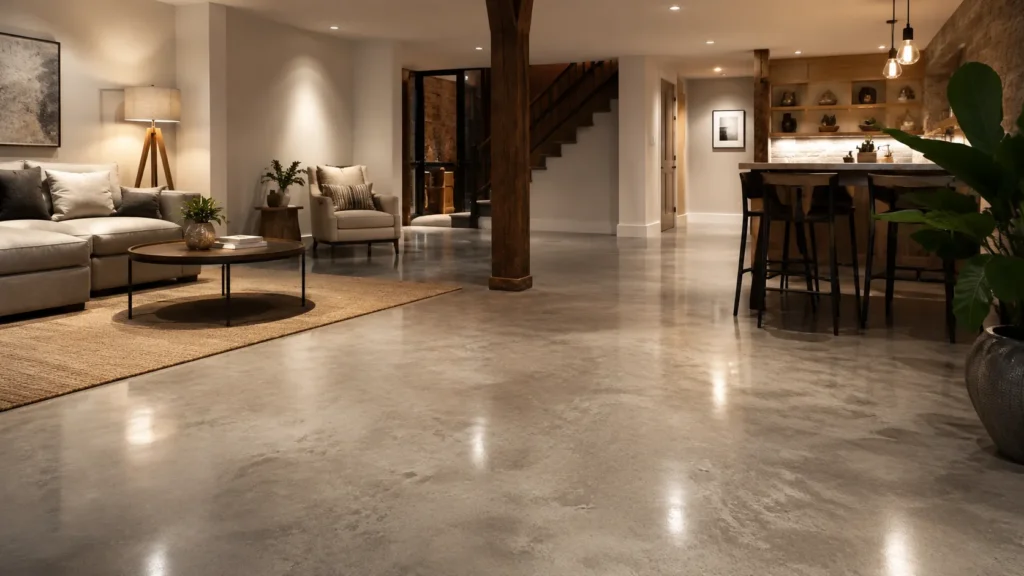 Polished concrete flooring in a modern basement, studio, garage-style interior, or contemporary living space