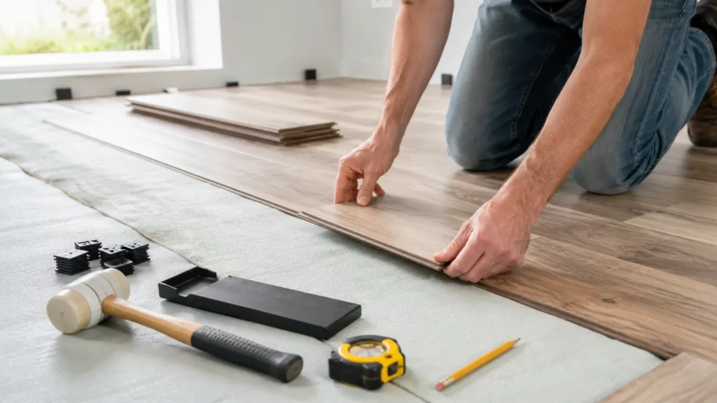 Homeowner’s hands installing click-lock laminate or vinyl planks on a clean prepared subfloor