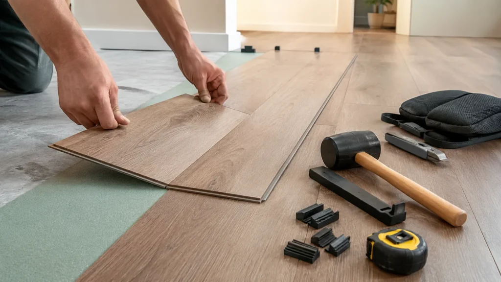 Flooring materials installation inside a clean modern home renovation space