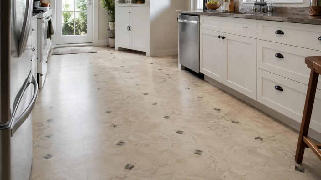 Linoleum flooring in a bright clean kitchen or utility room