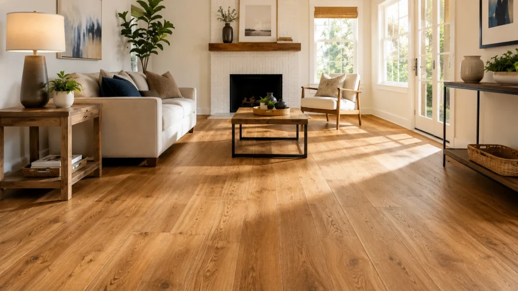 Modern living room with warm hardwood flooring, natural light, neutral furniture, and a clean home interior design.
