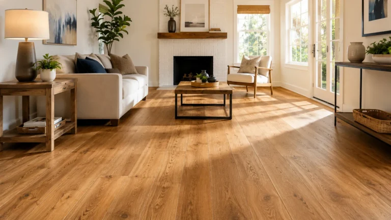 Modern living room with warm hardwood flooring, natural light, neutral furniture, and a clean home interior design.
