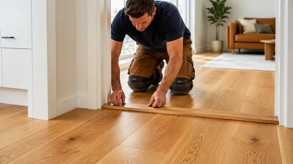 Oak flooring planks laid out indoors to acclimate before installation