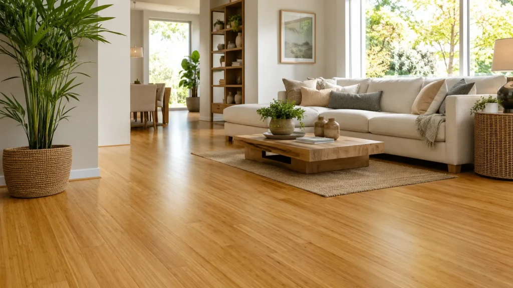 Modern living room with bamboo flooring, natural light, indoor plants, and clean home interior design