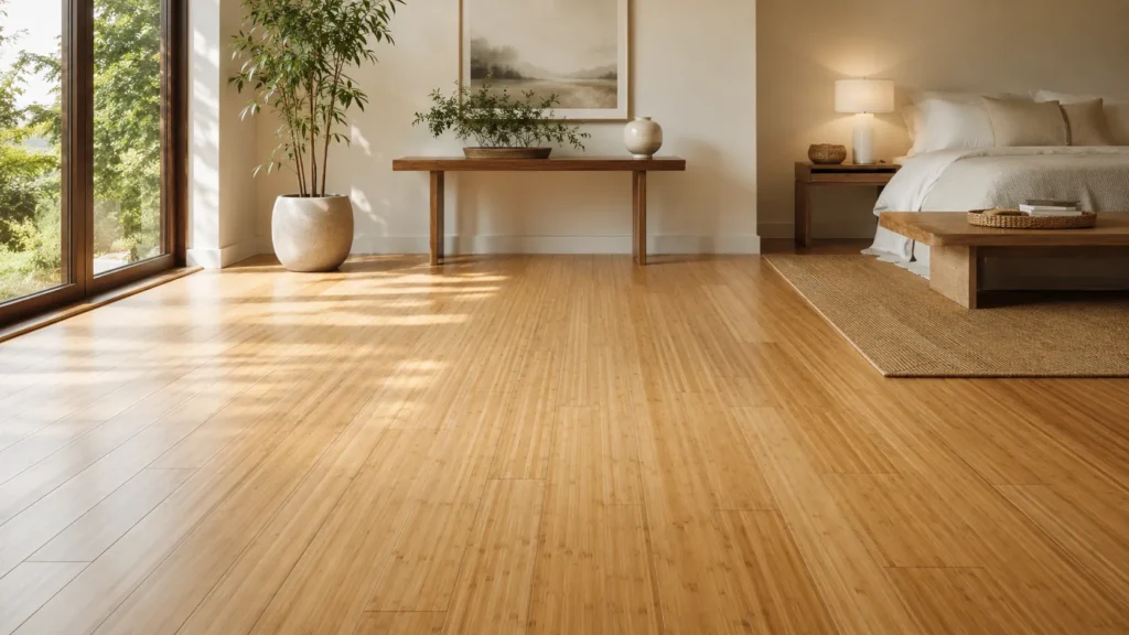 Bamboo flooring in a bright minimalist bedroom with natural light and warm eco-friendly wood tones