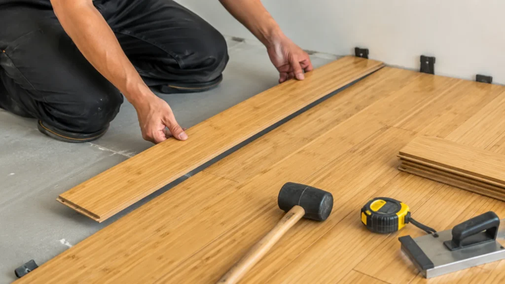 Installer placing bamboo flooring planks over a prepared subfloor with tools during flooring installation