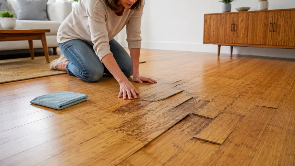 Homeowner inspecting damaged bamboo floor planks with water stains and lifting boards