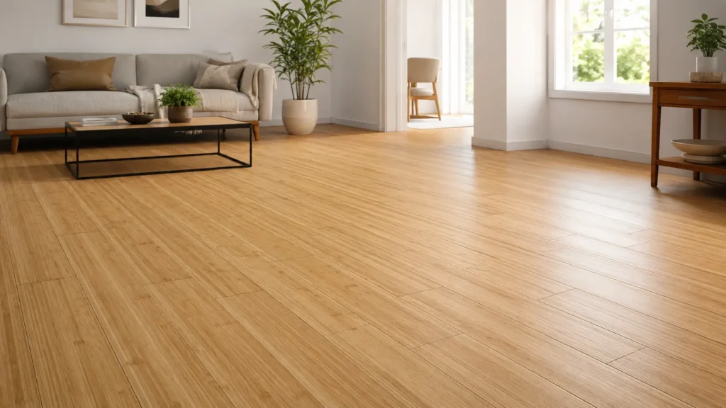 Bamboo laminate flooring in a bright modern living room with bamboo-look plank surface and clean interior
