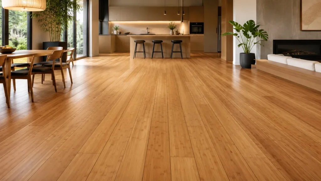 Bamboo plank flooring in an open-plan living space with long natural planks and warm modern interior