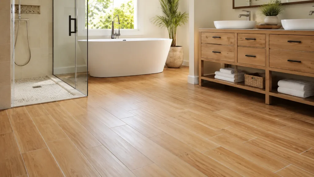 Bamboo tile flooring in a modern bathroom with wood-look tile design and moisture-friendly flooring surface