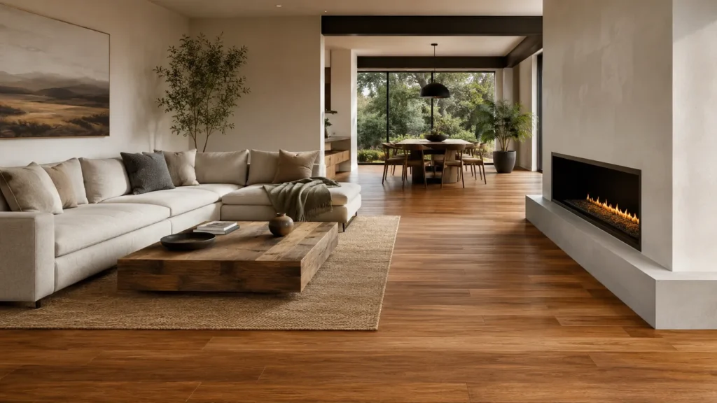 Bamboo timber flooring in a modern home with rich natural tones, smooth plank surface, and warm decor