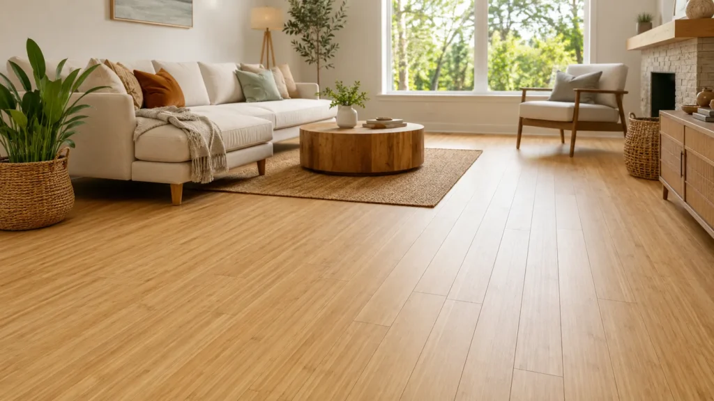 Bamboo vinyl flooring in a bright modern living room with bamboo-look planks and natural home decor