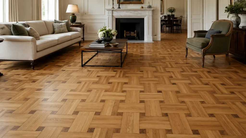 Basket weave parquet flooring in a classic living room with interlocking wood blocks and decorative pattern