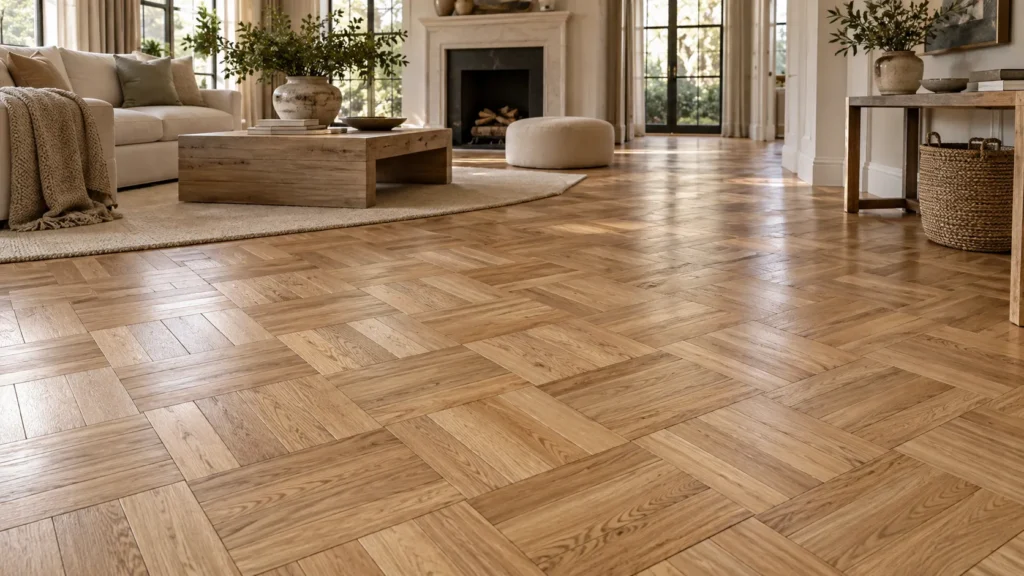 Basketweave parquet flooring made from real wood blocks in a bright traditional living room