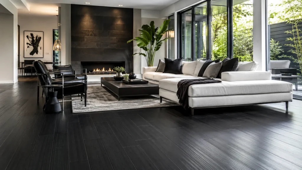 Black bamboo flooring in a luxury modern living room with bold dark planks and contemporary interior style