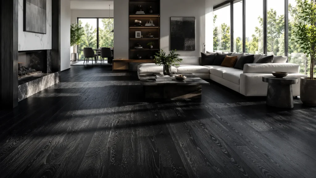 Black engineered wood flooring in a luxury modern living room with bold dark planks and premium contemporary decor