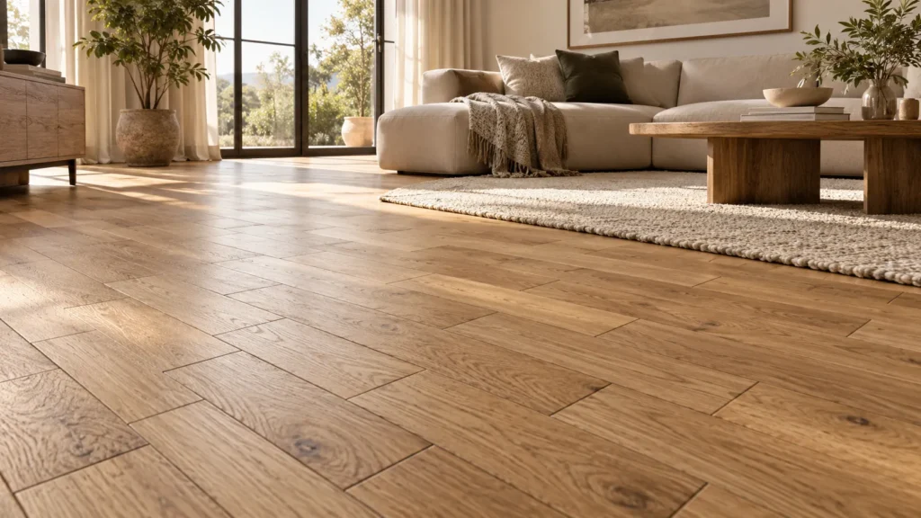 Brick running bond parquet flooring with staggered real wood blocks in a modern living room