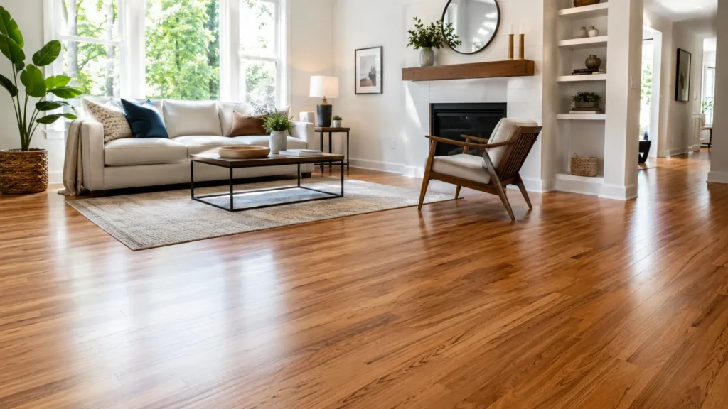 Clean hardwood floor in a bright modern living room with natural light and polished wood surface