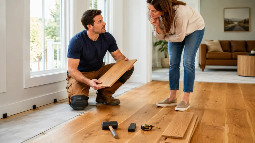 Homeowner discussing oak flooring installation with a flooring professional