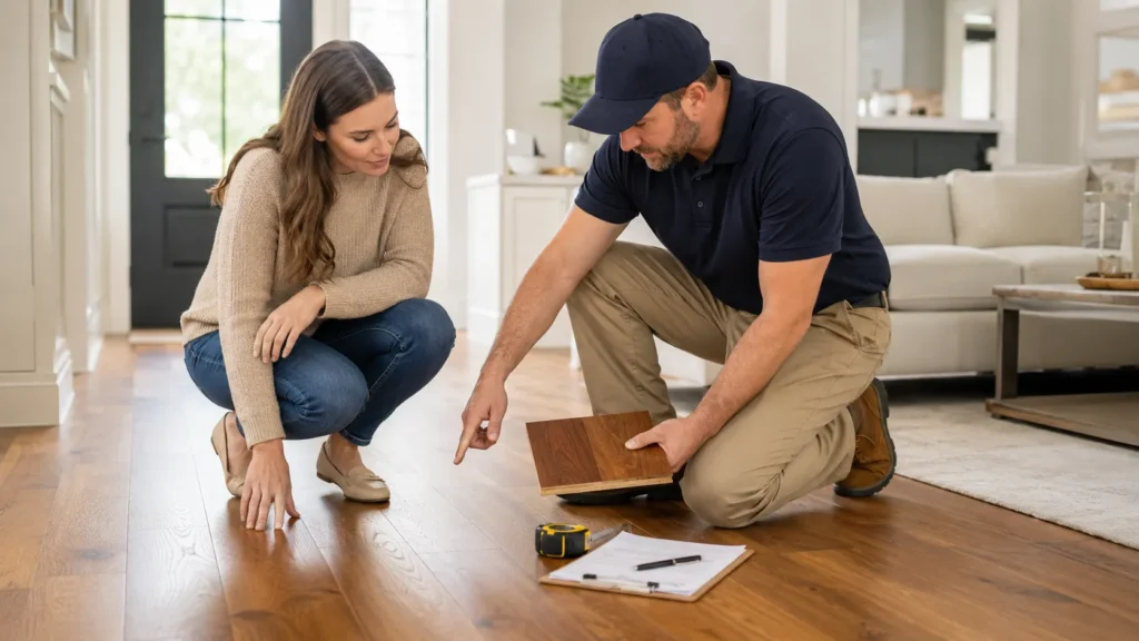 Flooring professional inspecting hardwood floors with a homeowner before cleaning or repair