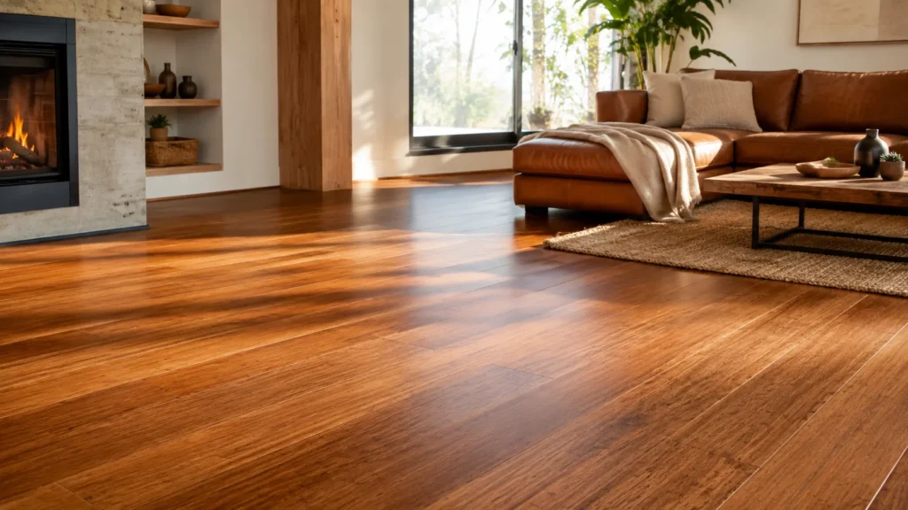 Carbonized bamboo flooring in a cozy modern living room with warm brown tones and natural plank texture