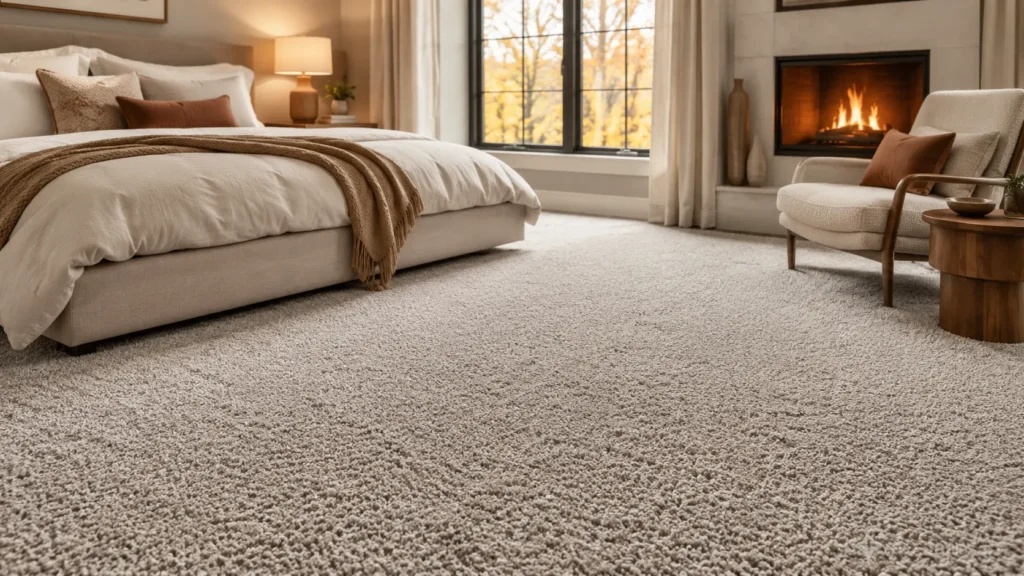 carpet flooring in a cozy modern bedroom