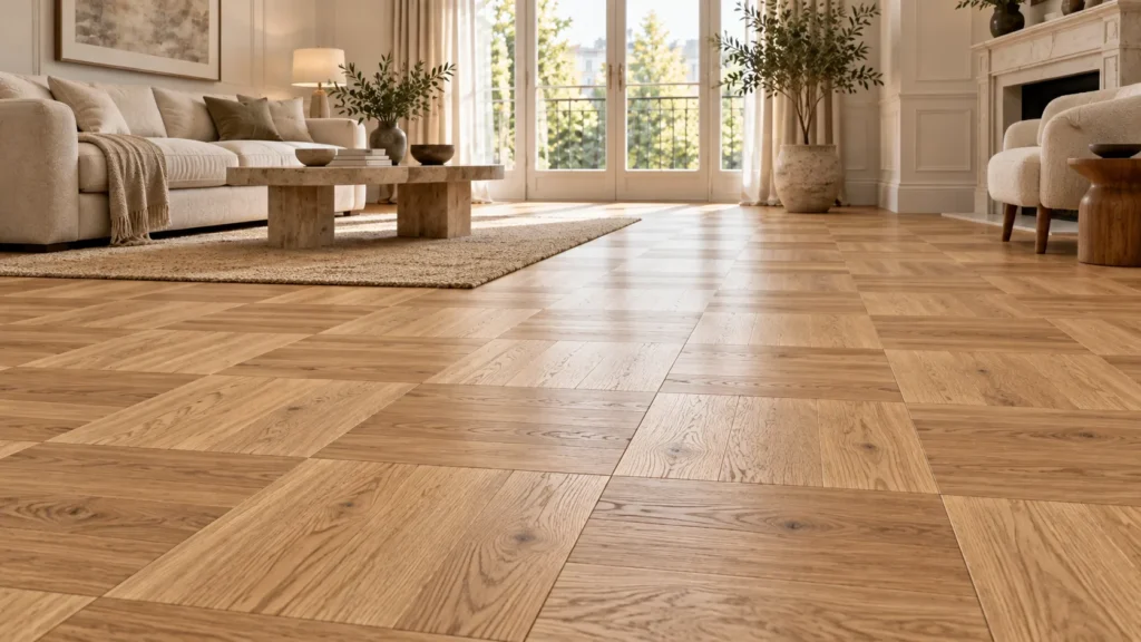 Checkerboard square-on-square parquet flooring with alternating wood grain directions in a bright living room