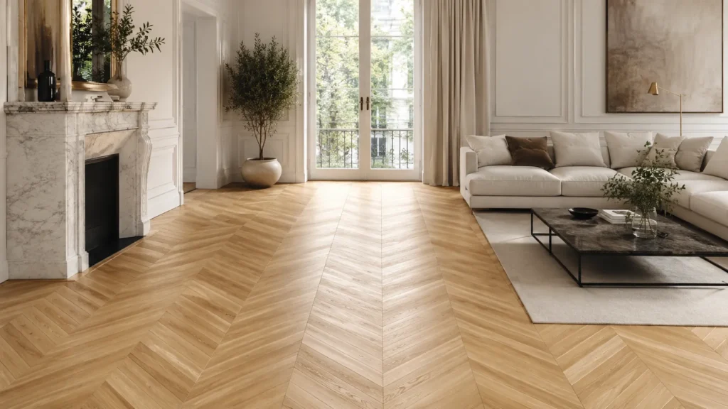 Chevron parquet flooring in a luxury living room with angled wood planks and clean V-shaped pattern