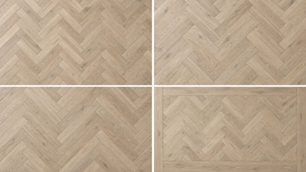 2x2 comparison of classic, double, triple, and bordered herringbone flooring patterns in natural light white oak with matte finish.