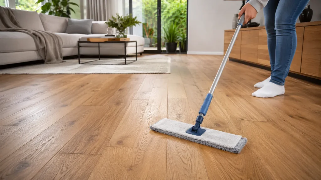 Person cleaning oak flooring with a microfiber mop in a bright modern living room