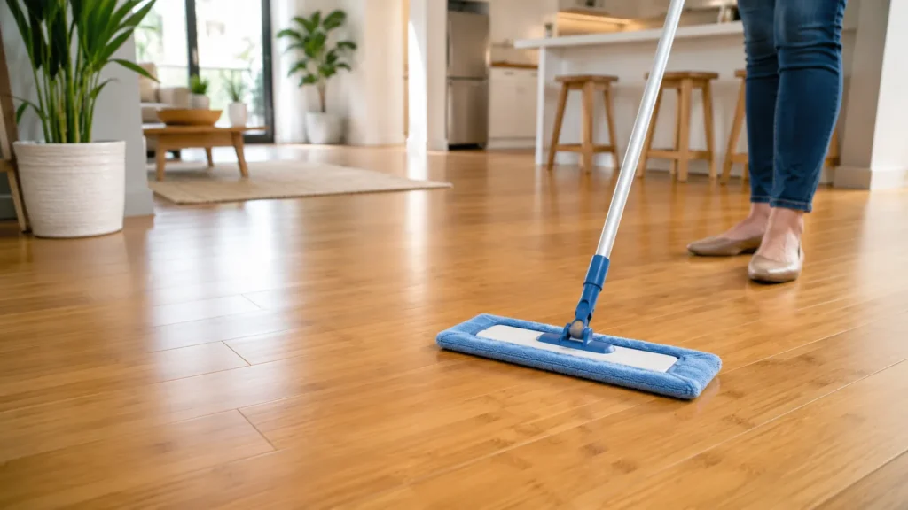 Person cleaning bamboo floors with a microfiber mop in a bright modern home interior