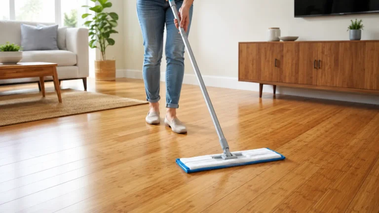 Person cleaning bamboo hardwood floors with a microfiber mop in a bright modern living room