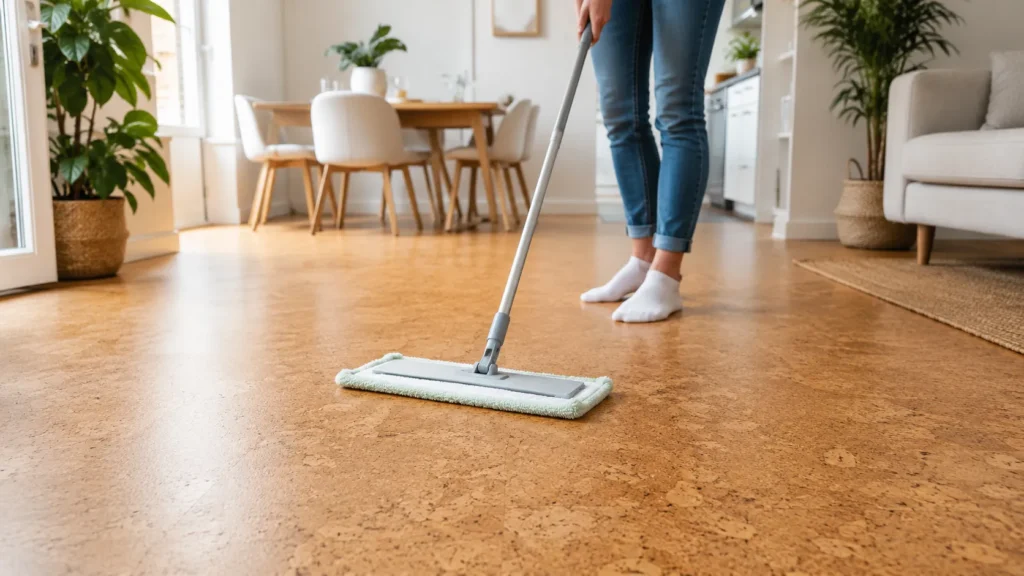 Person cleaning cork flooring with a microfiber mop in a bright modern home interior