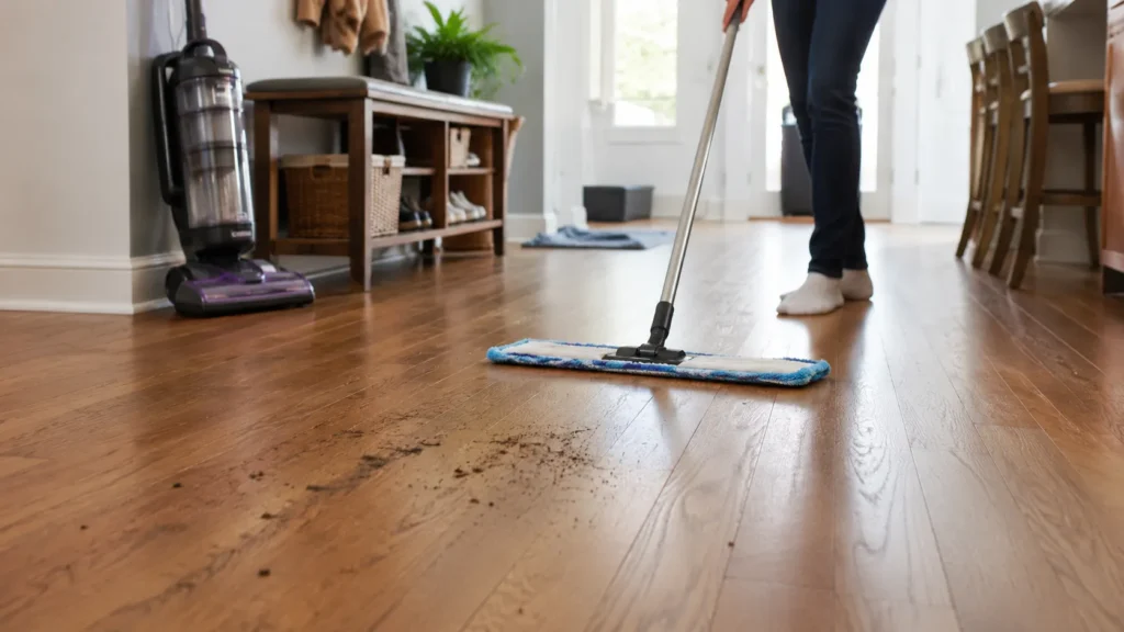 Microfiber mop cleaning dirty hardwood floors with dust and debris in a home entryway