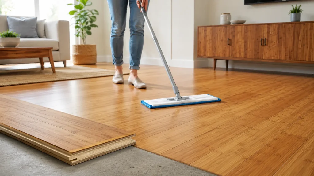 Cleaning engineered bamboo flooring with a microfiber mop beside a bamboo plank sample