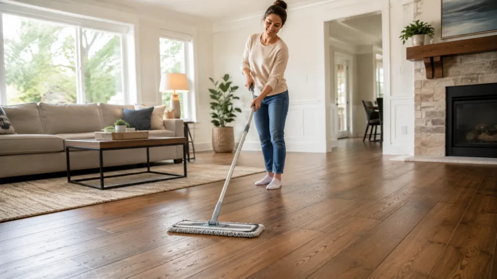 Person cleaning engineered hardwood floors with a microfiber mop in a bright modern living room