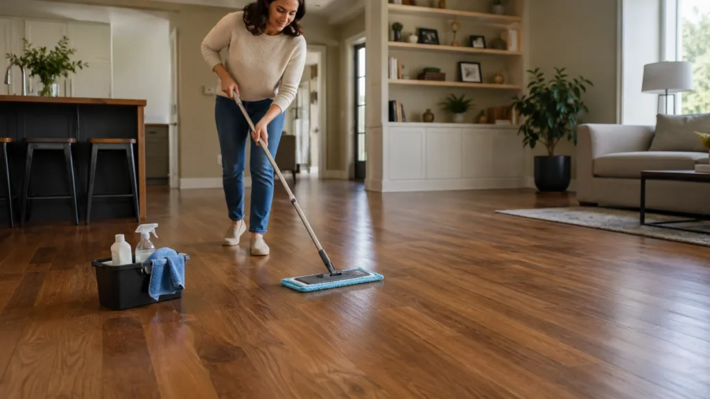 Person cleaning engineered hardwood floors with a microfiber mop in a modern living space