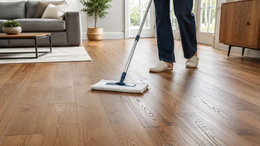 Person cleaning engineered wood floors with a microfiber mop in a bright modern living room