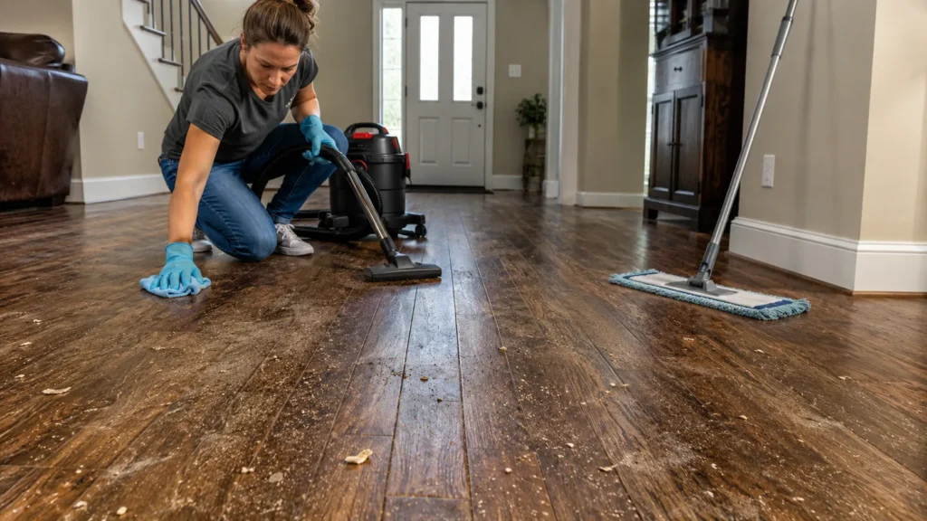 Person deep cleaning extremely dirty hardwood floors with vacuum, mop, and microfiber cloth