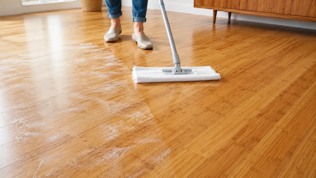 Removing cloudy film from bamboo hardwood floors with a microfiber mop in a modern home