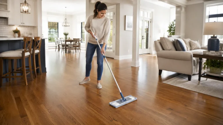 Person cleaning hardwood floors with a microfiber mop in a bright open-plan home