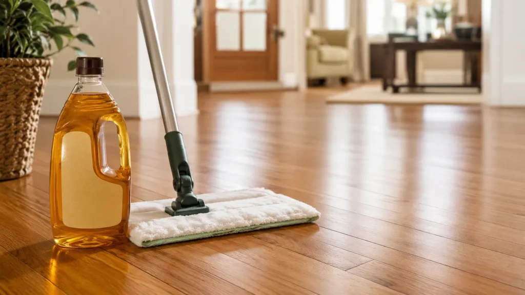 Bleach bottle near hardwood floors showing a cleaner to avoid for safe wood floor care
