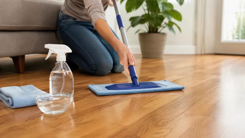 Vinegar spray bottle and microfiber mop on hardwood floors for cautious natural floor cleaning