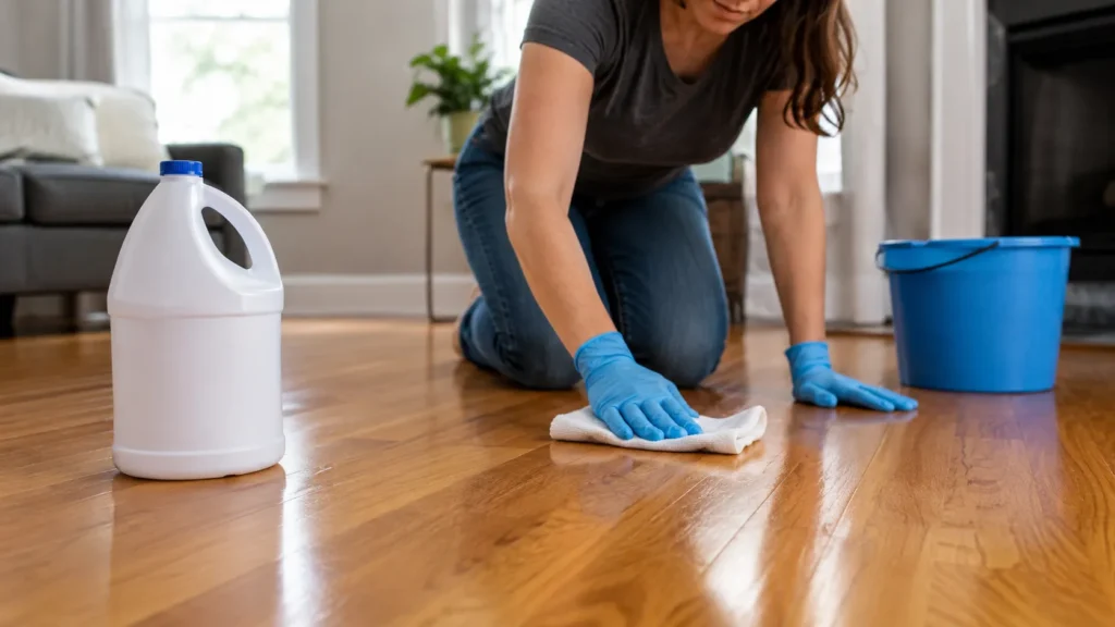 Microfiber mop and small water bowl on hardwood floors showing light damp mopping method
