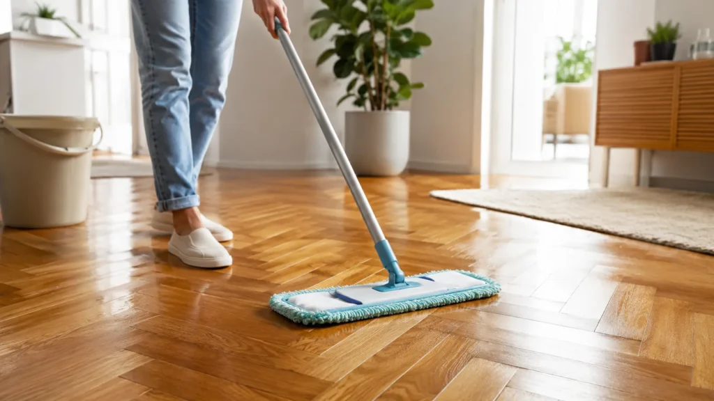 Person cleaning parquet floors with a microfiber mop in a bright home interior with polished wood flooring