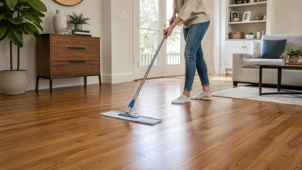 Person cleaning prefinished hardwood floors with a microfiber mop in a bright modern living room