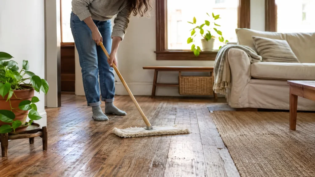 Person carefully cleaning unsealed hardwood floors with a dry mop in a cozy living room
