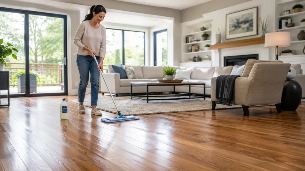 Person cleaning waxed hardwood floors with a microfiber mop to protect the floor finish
